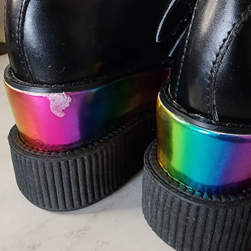 T.U.K. Rare Tuk Black Leather Triple Rainbow Sole Viva Creepers Mondo Size 6